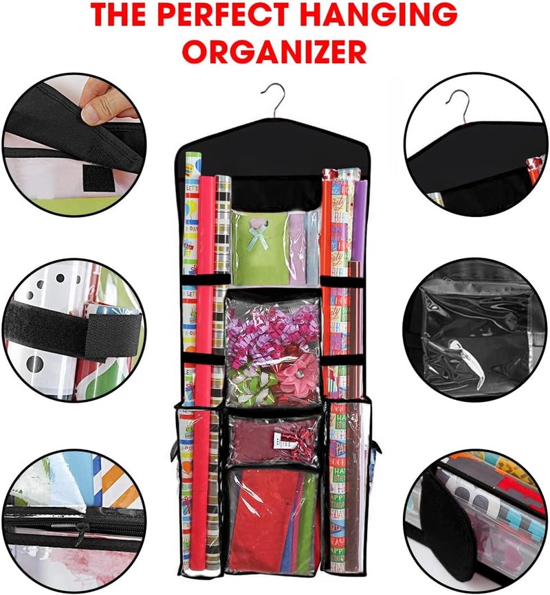 Primode Hanging Gift Wrapping Paper Storage Organizer Bag, Double Sided Multiple Front & Back Pockets Organize Your Gift Wrap, Full Black, 1 Count (Pack of 1) - Image 3